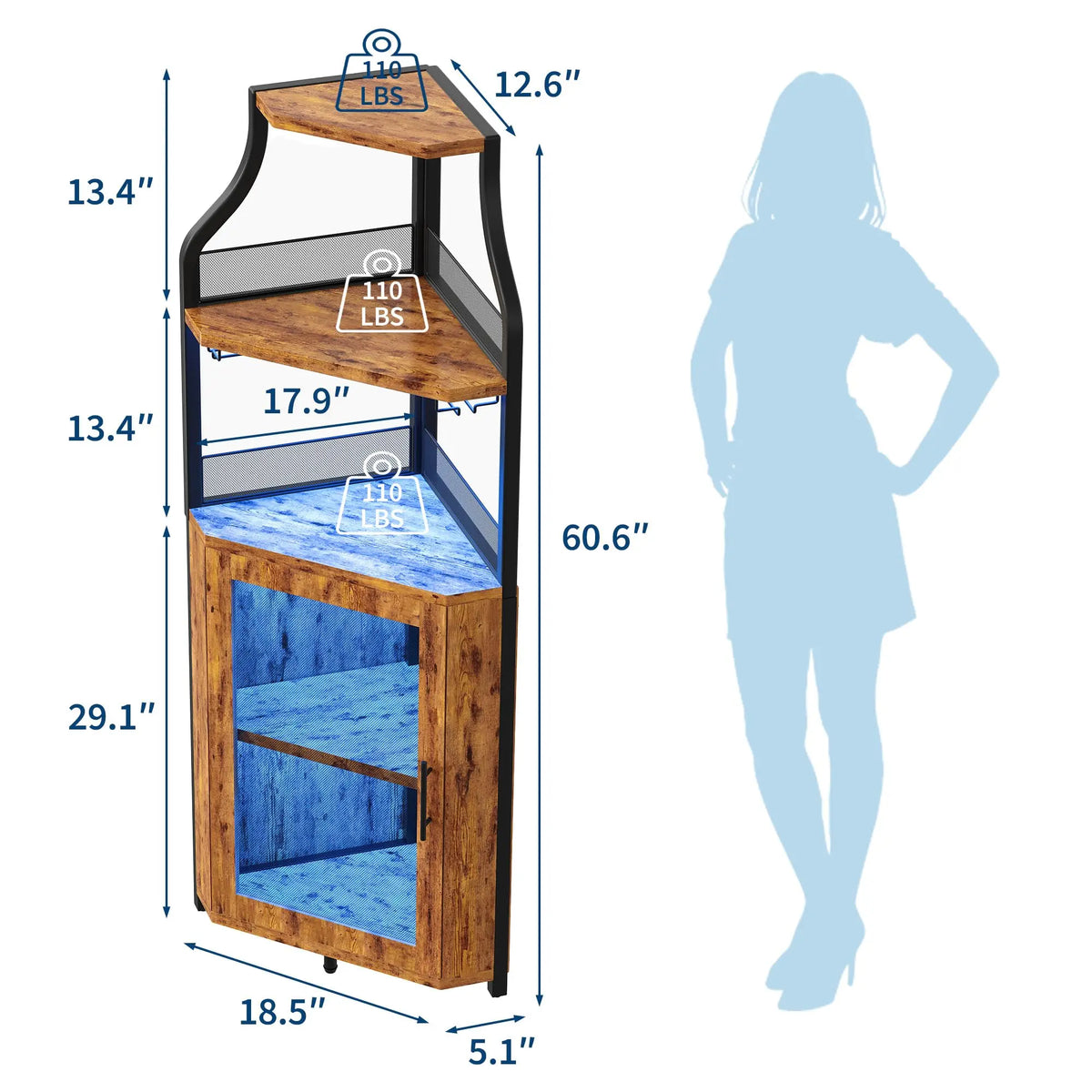 Corner Bar Wine Cabinet With LED Lights, 5-Tier Liquor Storage Cabinet With Glass Holder, Mesh Door & Adjustable Shelf For Home