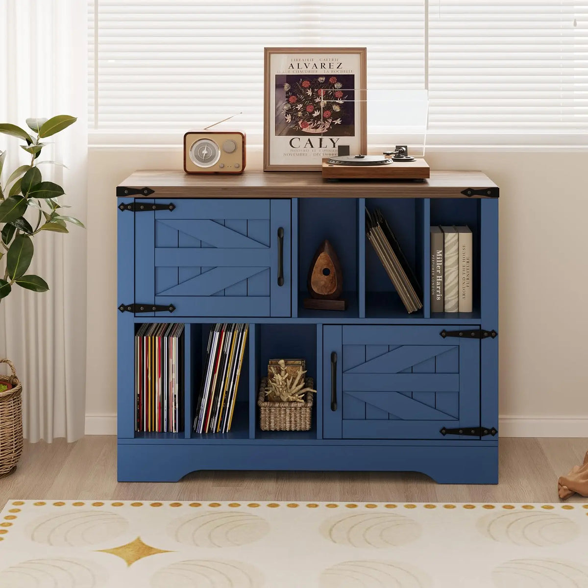 39in Farmhouse Record Player Stand With Barn Doors, Vinyl Record Storage Cabinet Holds 450 Albums, Wood Turntable Table For Living Room