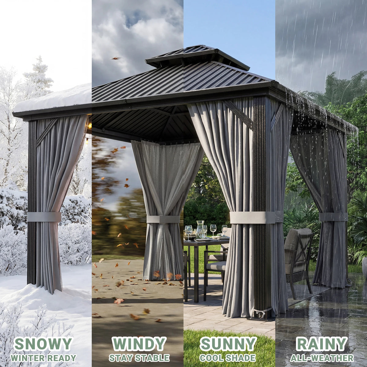 VIWAT 10x10 FT Hardtop Gazebo Galvanized Steel Roof W/ Netting Curtain All Weather for Backyard Patio Garden