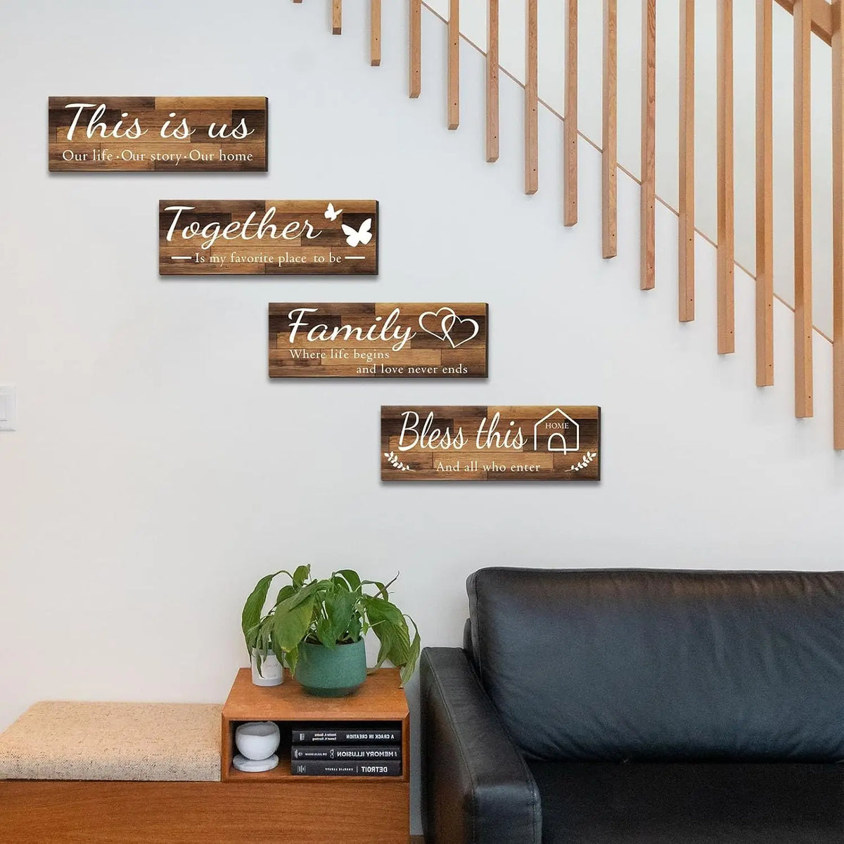 4 Pieces Home Wall Signs, THIS IS US/TOGETHER/BLESS THIS HOME/FAMILY Wall Decor For Living Room Bedroom, Rustic Wooden Farmhouse