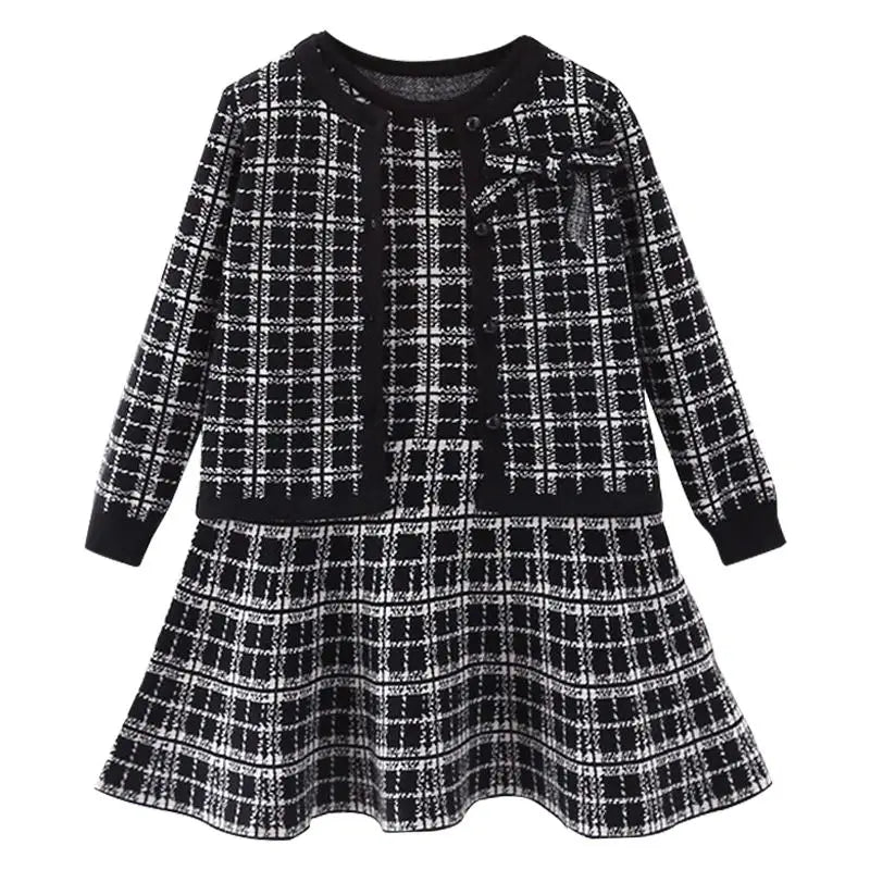Autumn Children's Baby Sweater Knitting Long Sleeve Dress Christmas Day Party Girl's Plaid Sweater Coat Plaid Vest Suit Dress
