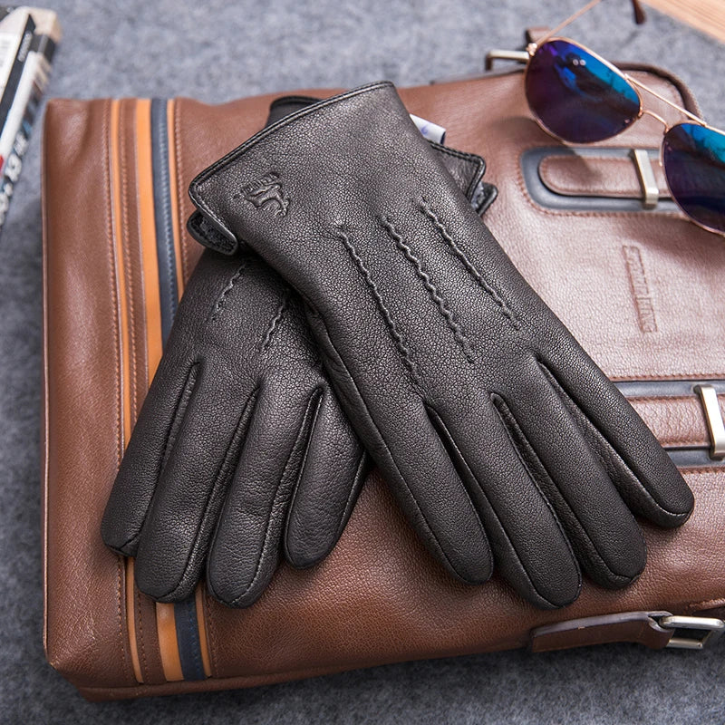 MPPM Winter Gloves Men Genuine Leather Sheepskin for Adult Warm Winter Deerskin Gloves Christmas Gift  Men's Sheepskin Gloves