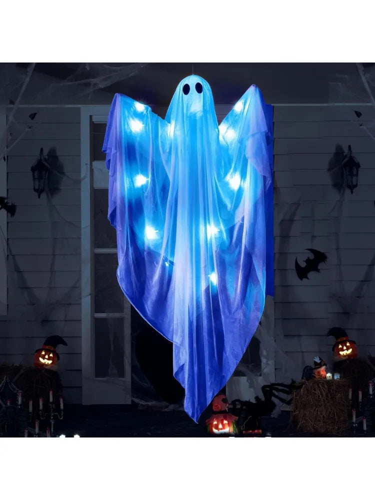 Halloween Hanging Light up Ghost with Spooky Blue LED Light, 47'' White Ghosts Halloween Hanging Decoration for Front Yard Patio Lawn Garden Party Decor Indoor Outdoor, Photobooth Props
