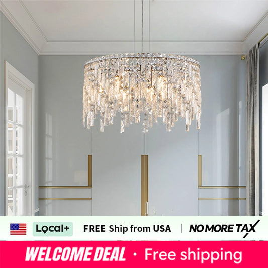 24" Luxurious Round Silver Crystal Chandelier, Contemporary Rectangular Pendant Light for Dining Room, Living Room,Grand Foyers