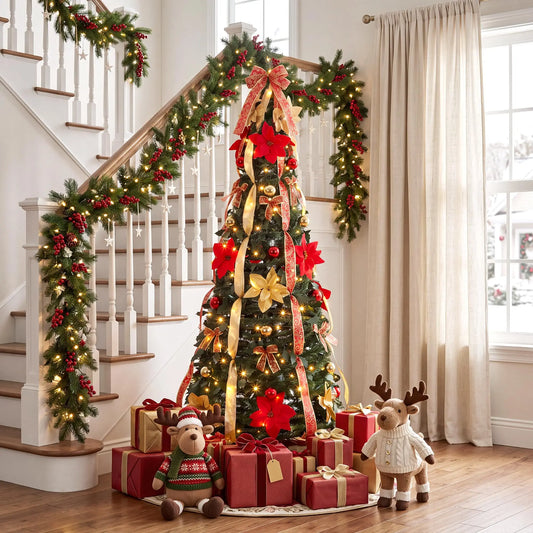 6FT Pre-Lit Pop Up Pencil Christmas Tree, 200 Warm White LED Lights, 8 Modes, Red Gold Ribbon Poinsettia Decor, Slim Holiday Tree