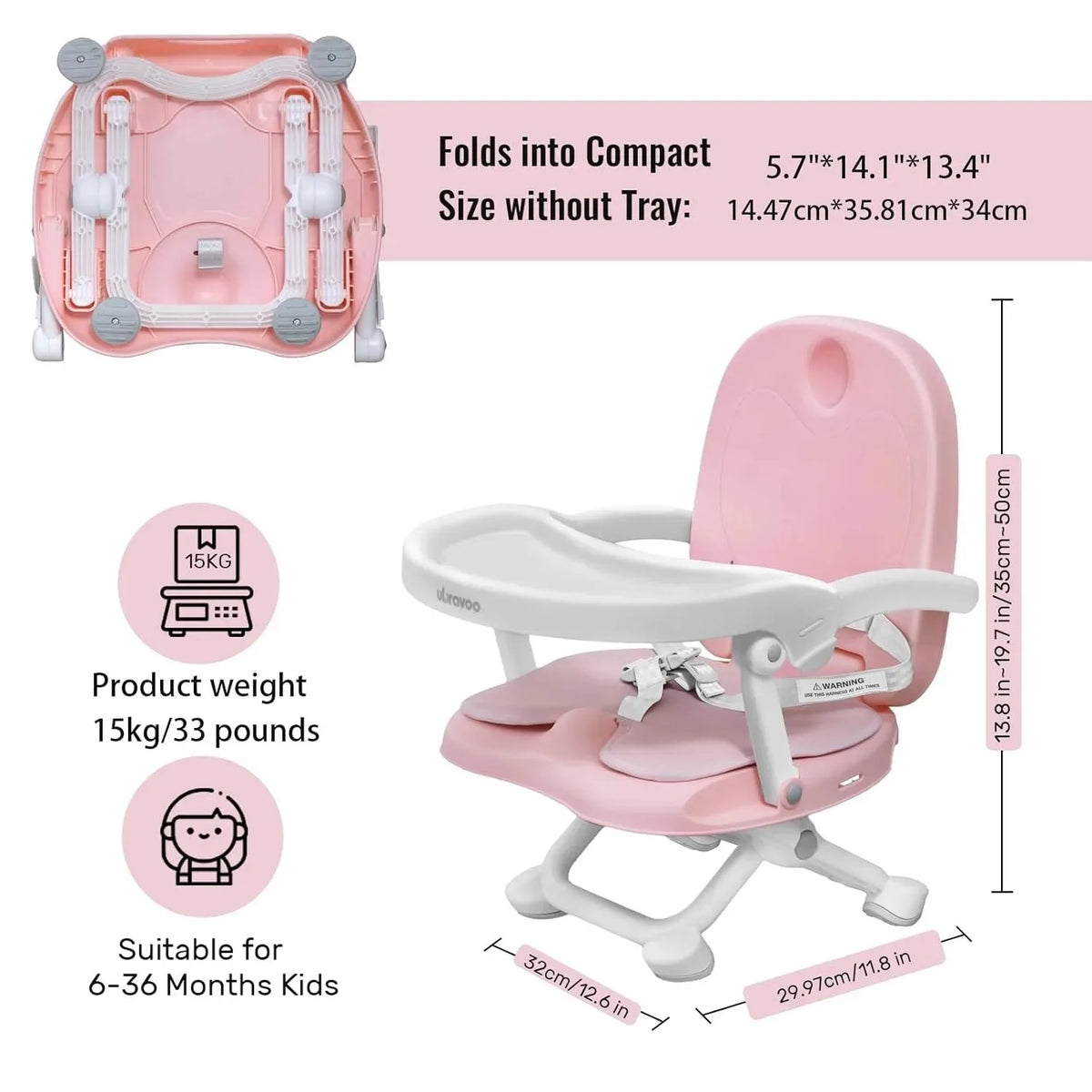 3-in-1 Portable Toddler Booster Seat Baby Dining Table Seat with Removable Tray And Cushion 4 Adjustable Heights