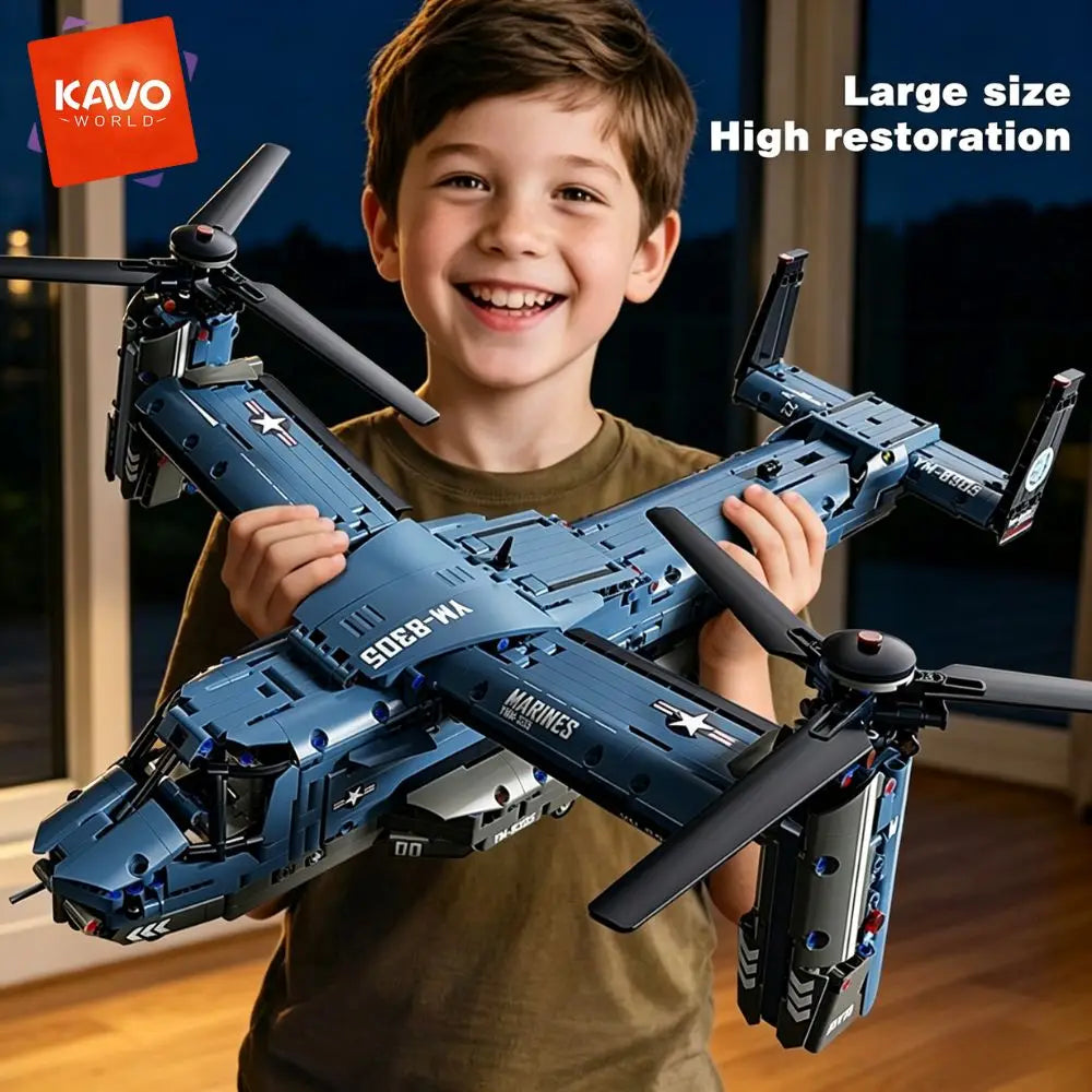 KAVOWORLD 1486PCS V-22 Osprey Tiltrotor Aircraft Building Blocks Set Simulation Military Helicopter Model Kit Collectible Airplane Bricks Construction Set, 360° Rotating Propellers Sliding Cockpit Movable Landing Gear Milita