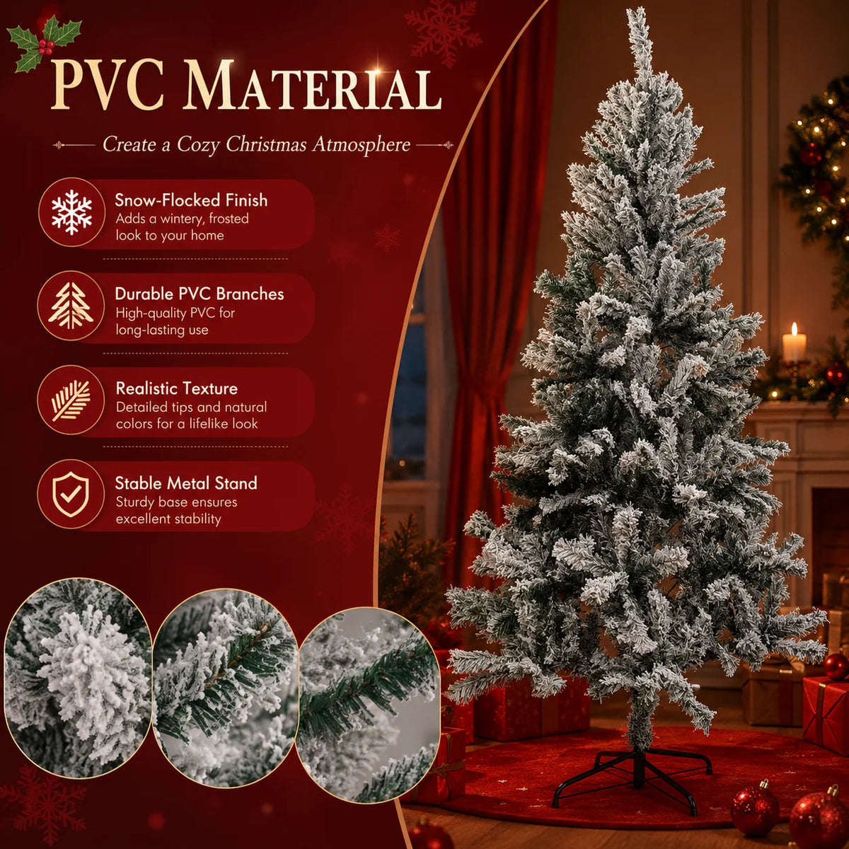 Snow Flocked Artificial Christmas Tree Slim PVC Xmas Tree 4-8FT Tree Only or USB LED String Lights with Remote Holiday Decor