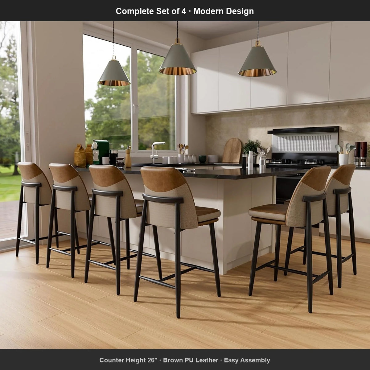 Counter Height Bar Stools Set of 4, Brown PU Leather Barstools with Back Cushion Seat for Kitchen Island Dining Room Chair