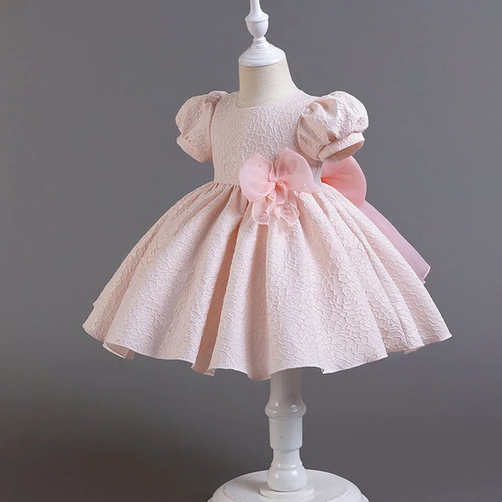 Super Pearl Bow Girl Kid's Dress Puff Sleeve Princess Jacquard Flower Infant Dress Gown Christmas Party Clothes 1-6 Years