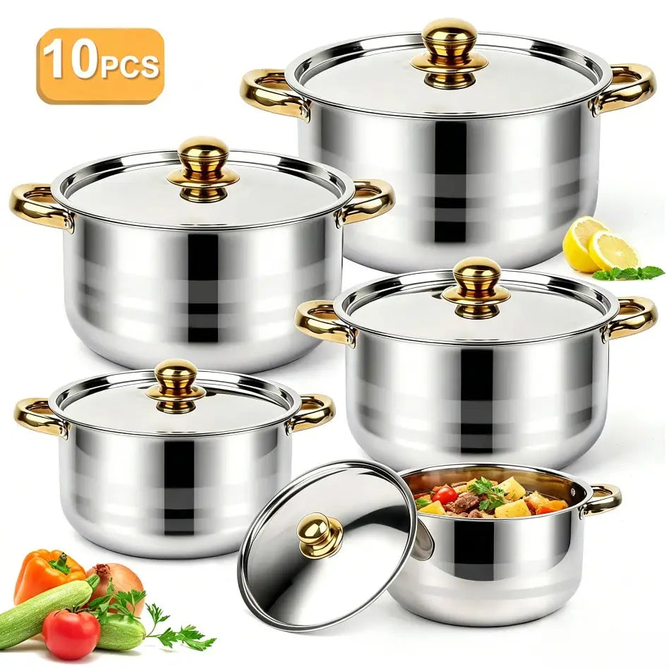 TAIMASI [10pcs Stainless Steel Pot Set] 10pcs Stainless Steel Pot Set, Multi-Size Cooking Pots With 5 POTS + 5 LIDS | Deep Stock Pot, Suitable For Home And Restaurant Cooking, Soups, Hot Pots, Noodles, Pasta, Seafood Soups Ch