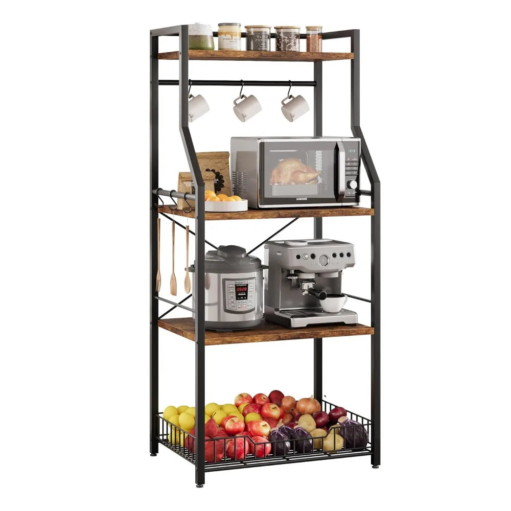 4 Tier Kitchen Bakers Rack with Microwave Stand Coffee Bar Station Freestanding Storage Shelf with Wire Basket 8 Hooks Industrial Style Organizer for Kitchen Pantry Dining Room