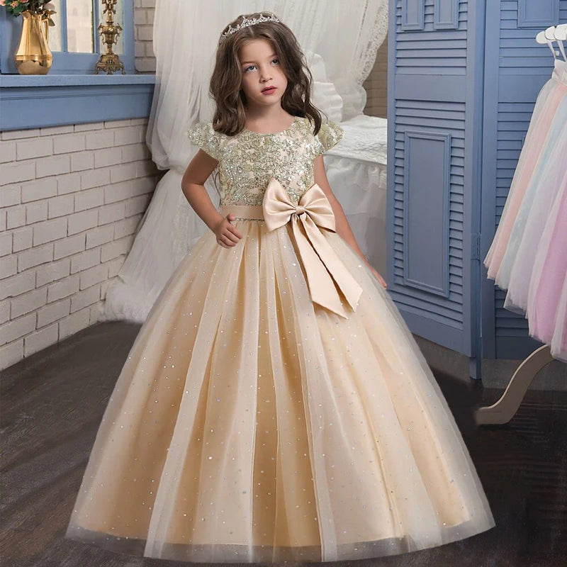 New Christmas Party Princess Long Dress Children's Gauze Lace Birthday Party Dinner Ball Big Butterfly Dress