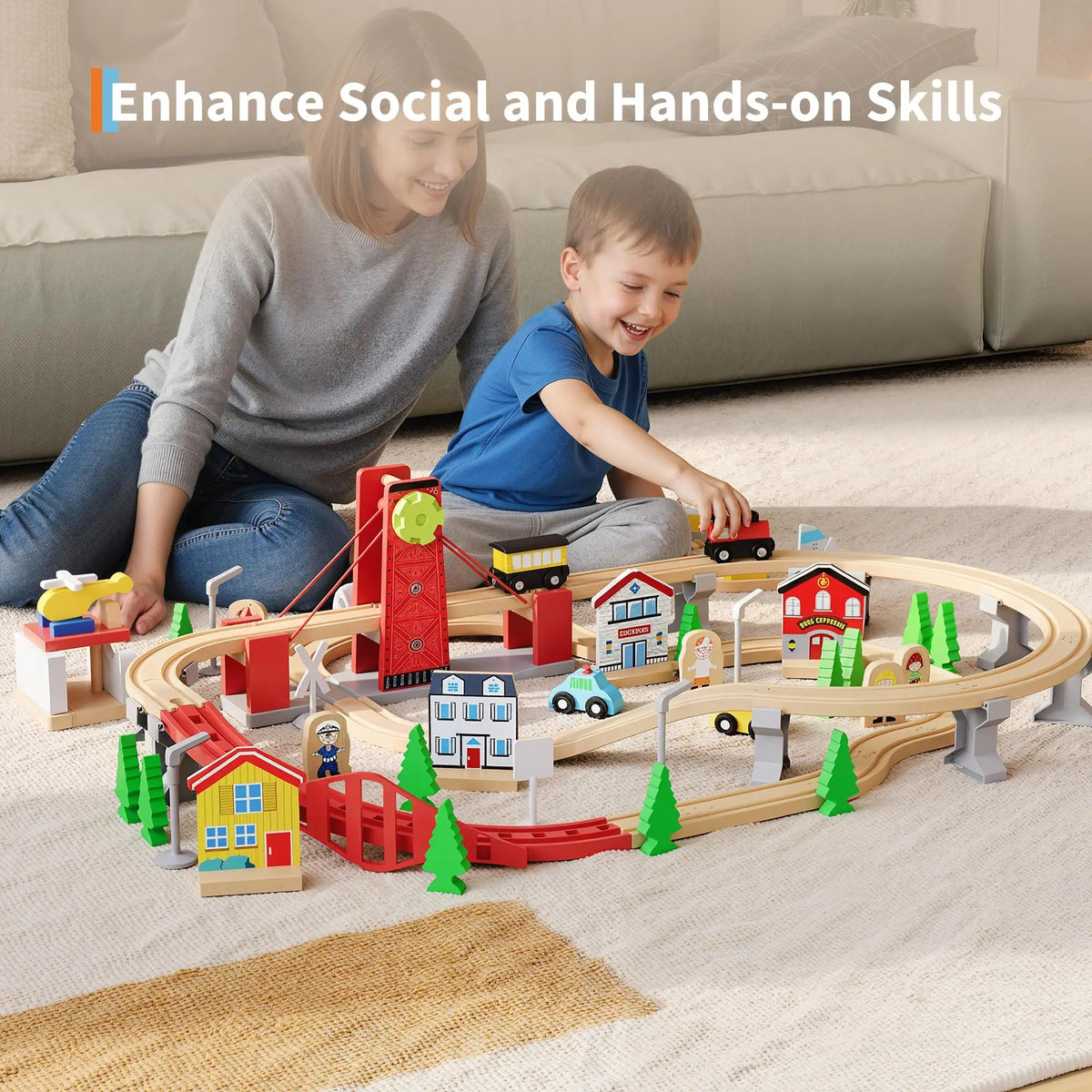 92PCS Wooden Train Table Set For Kids Ages 3+, Toddler Railway Playset With Trains, Tracks, Trees & Under Table Storage Bin