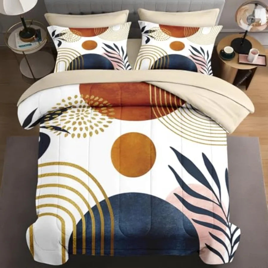 7 Pcs Size Comforter Set with 2 Pillowcases and 2 Shams Mid Century Bedding for Adults Sun Leaf Bed in a Bag with Flat Fitted S