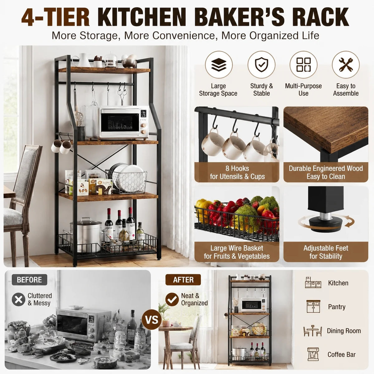 4 Tier Kitchen Bakers Rack with Microwave Stand Coffee Bar Station Freestanding Storage Shelf with Wire Basket 8 Hooks Industrial Style Organizer for Kitchen Pantry Dining Room