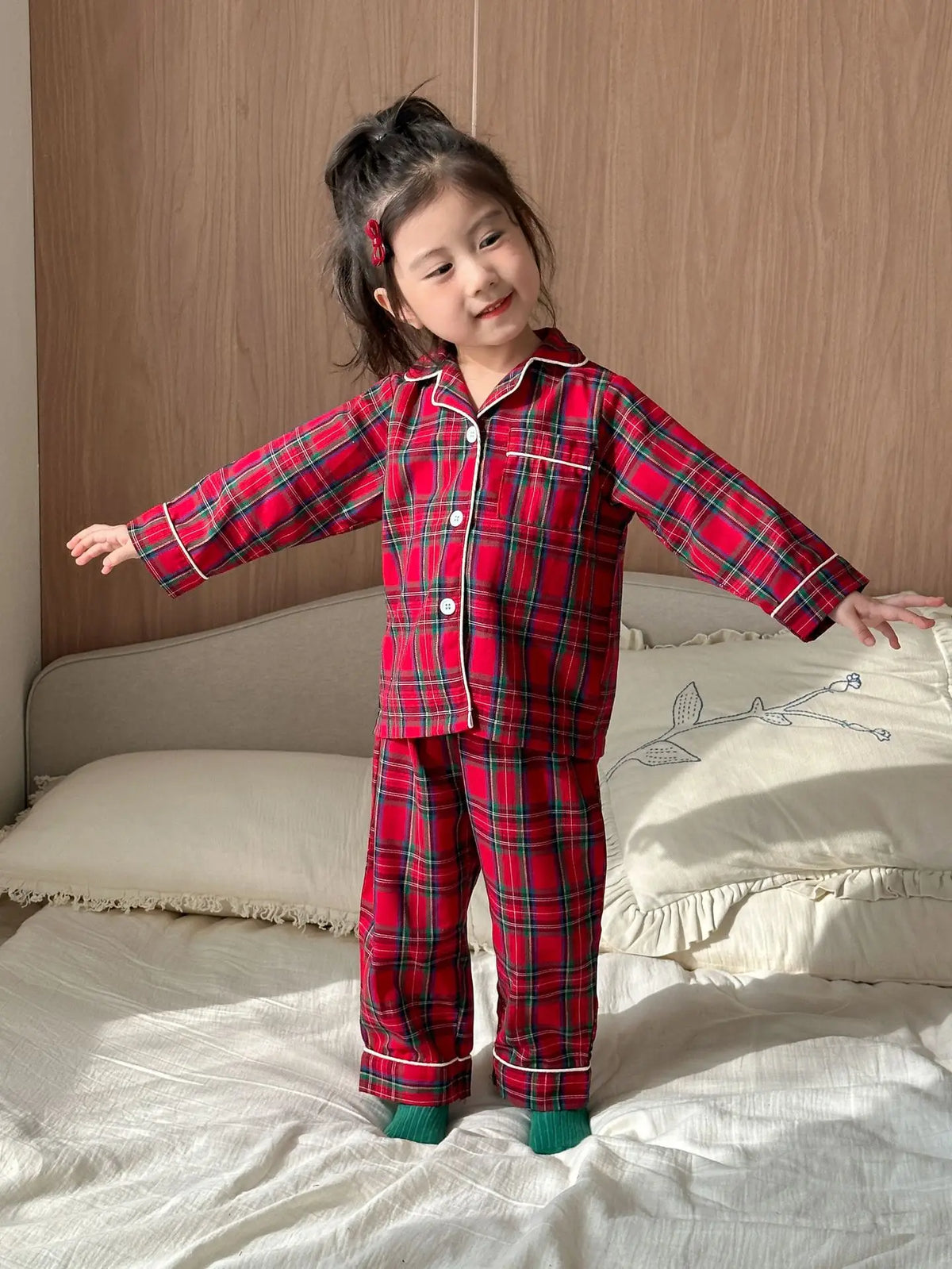 Merry Christmas Kids Pure Cotton Pajamas Set Plaid Print Turn-down Collar Button Shirt Trousers 2 Pieces Suit Homewear Xmas Look