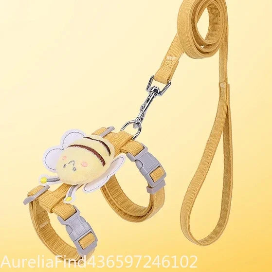 Cartoon Bee Double‑Layer Pet Harness Collar Leash Set Adjustable For Cat Small Medium Dog Outdoor Walking Supply
