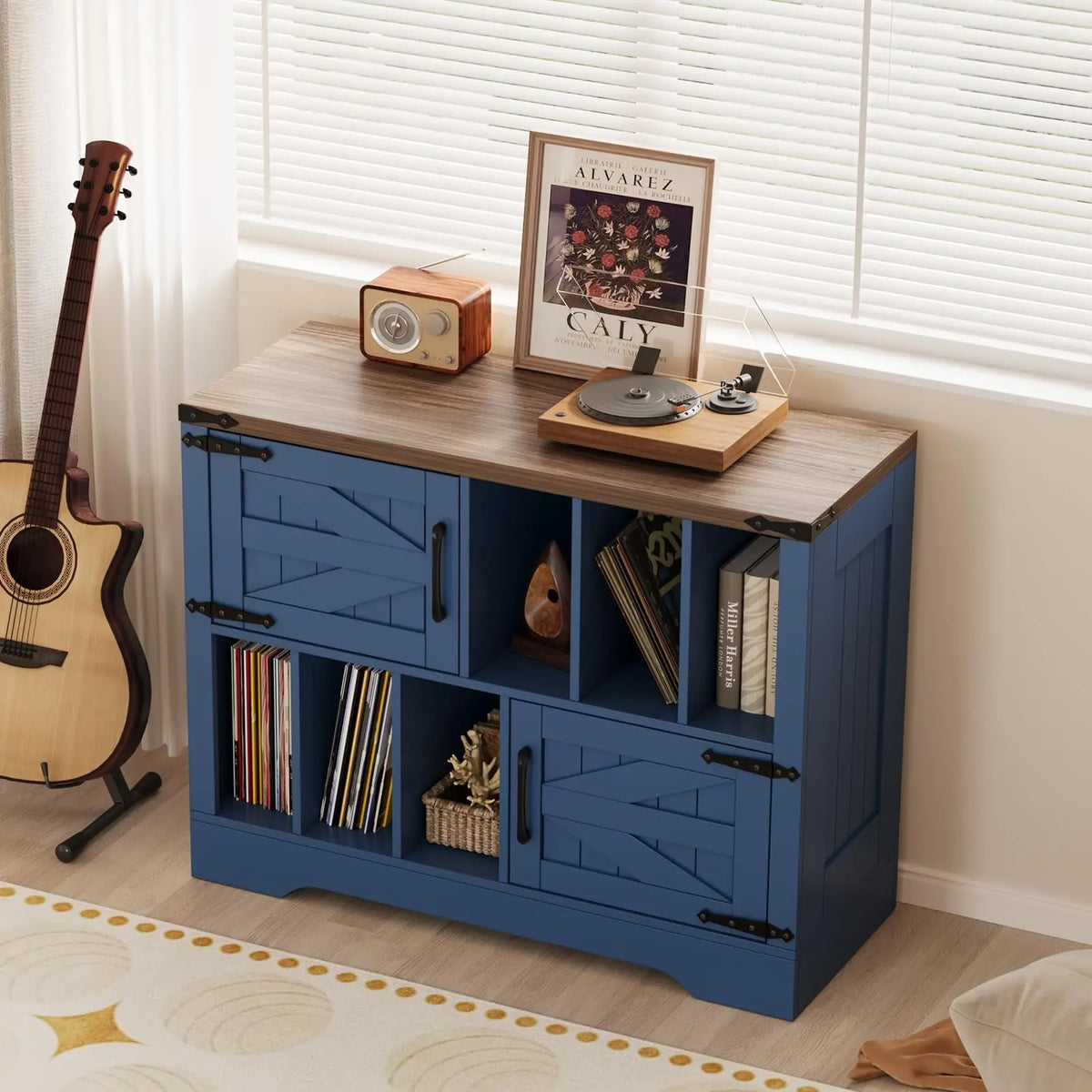 39in Farmhouse Record Player Stand With Barn Doors, Vinyl Record Storage Cabinet Holds 450 Albums, Wood Turntable Table For Living Room