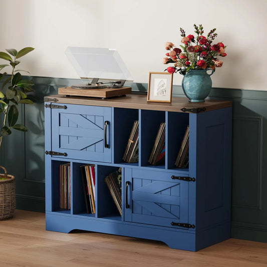 39in Farmhouse Record Player Stand With Barn Doors, Vinyl Record Storage Cabinet Holds 450 Albums, Wood Turntable Table For Living Room