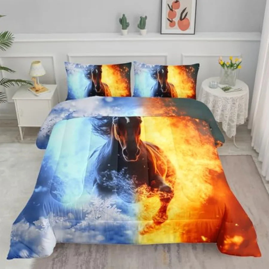 3D Comforter Set Fire Ice Printed Bedding Set with 1 Comforter and 2 Pillowcases for Boys and Girls Bedroom All Season Twin