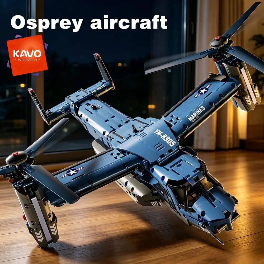 KAVOWORLD 1486PCS V-22 Osprey Tiltrotor Aircraft Building Blocks Set Simulation Military Helicopter Model Kit Collectible Airplane Bricks Construction Set, 360° Rotating Propellers Sliding Cockpit Movable Landing Gear Milita
