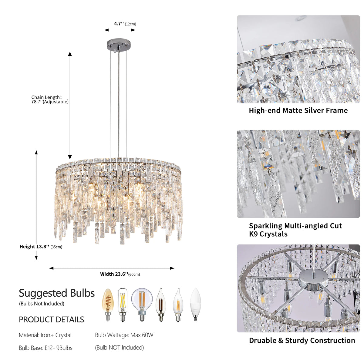 24" Luxurious Round Silver Crystal Chandelier, Contemporary Rectangular Pendant Light for Dining Room, Living Room,Grand Foyers