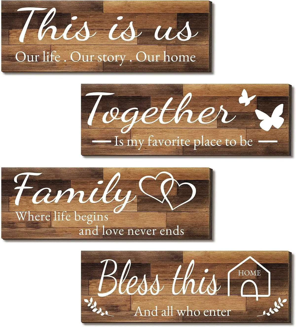 4 Pieces Home Wall Signs, THIS IS US/TOGETHER/BLESS THIS HOME/FAMILY Wall Decor For Living Room Bedroom, Rustic Wooden Farmhouse