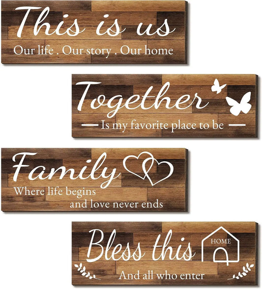 4 Pieces Home Wall Signs, THIS IS US/TOGETHER/BLESS THIS HOME/FAMILY Wall Decor For Living Room Bedroom, Rustic Wooden Farmhouse