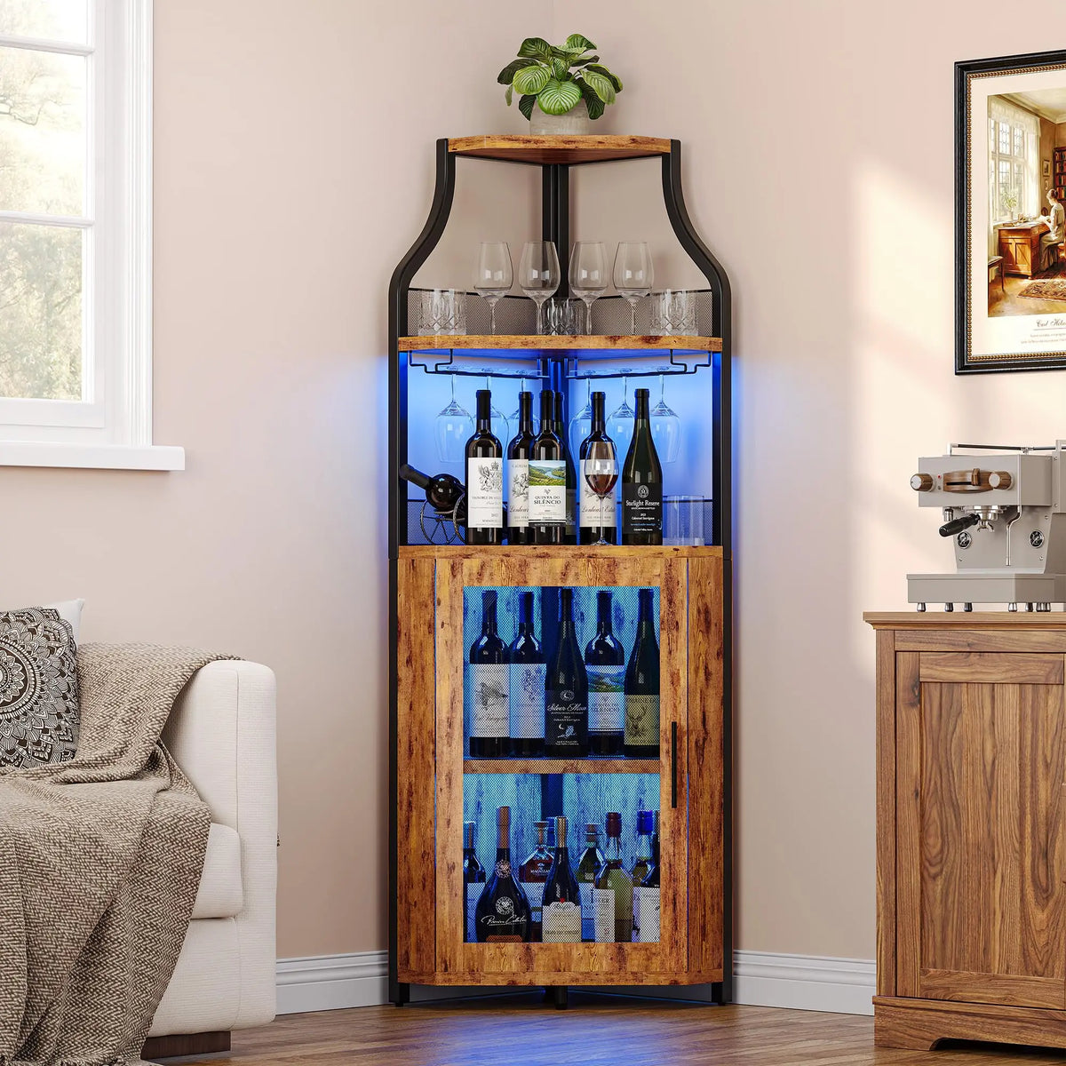 Corner Bar Wine Cabinet With LED Lights, 5-Tier Liquor Storage Cabinet With Glass Holder, Mesh Door & Adjustable Shelf For Home