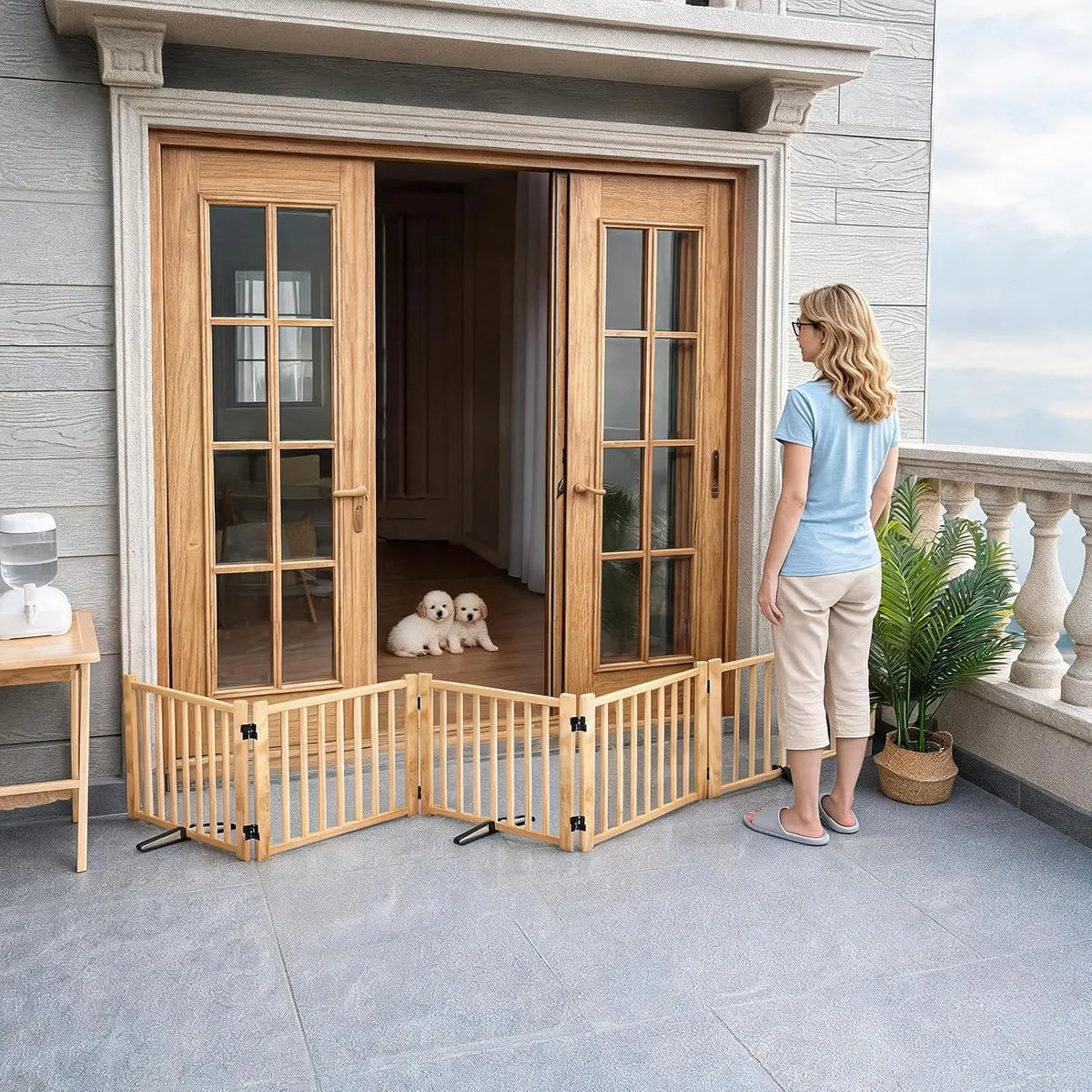 Freestanding Wooden Dog Gate for Doorways, Stairs, Indoor Pet Fence, 5 Panels 16.9"H