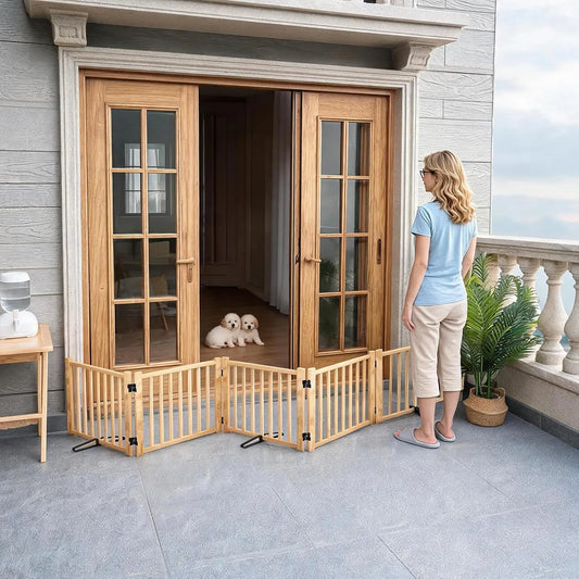 Freestanding Wooden Dog Gate for Doorways, Stairs, Indoor Pet Fence, 5 Panels 16.9"H