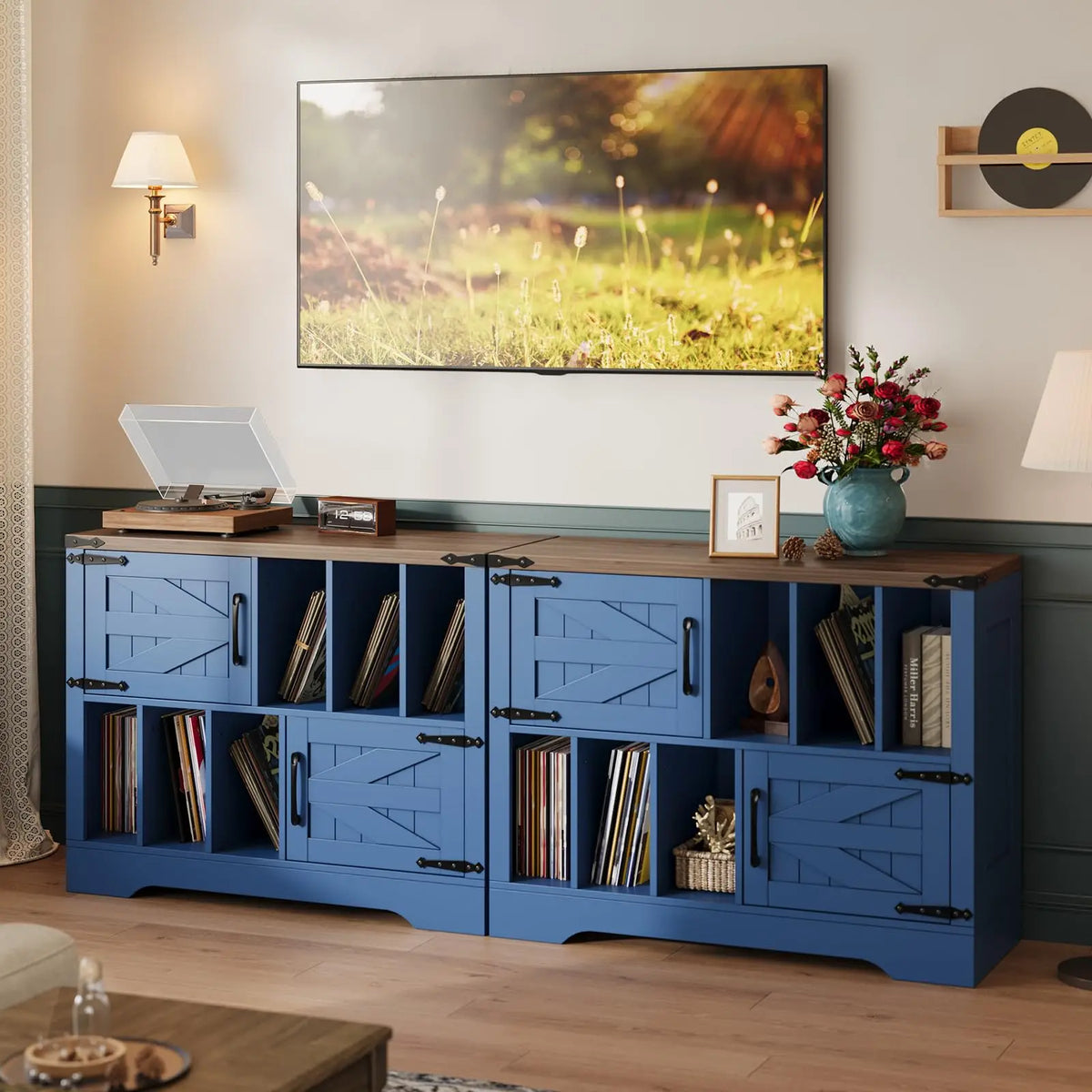 39in Farmhouse Record Player Stand With Barn Doors, Vinyl Record Storage Cabinet Holds 450 Albums, Wood Turntable Table For Living Room