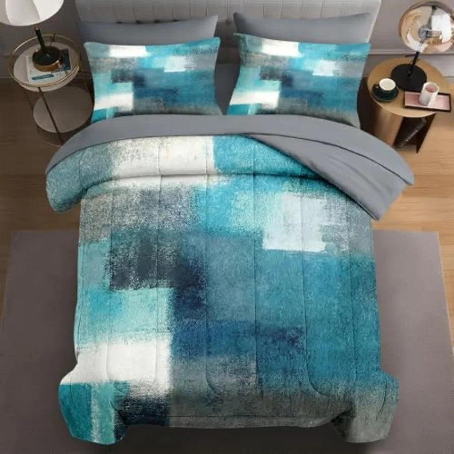 7 Pcs Size Comforter Set with 2 Pillowcases and 2 Shams Mid Century Bedding for Adults Sun Leaf Bed in a Bag with Flat Fitted S