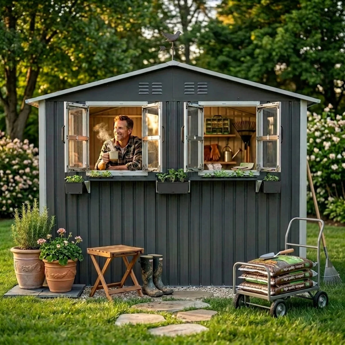 9x6 FT Outdoor Metal Storage Shed with Window & Flower Rack, Lockable Double Doors Tool Shed, Waterproof Weatherproof Garden Shed for Backyard Patio,  Coal Gray