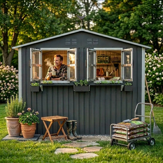 9x6 FT Outdoor Metal Storage Shed with Window & Flower Rack, Lockable Double Doors Tool Shed, Waterproof Weatherproof Garden Shed for Backyard Patio,  Coal Gray