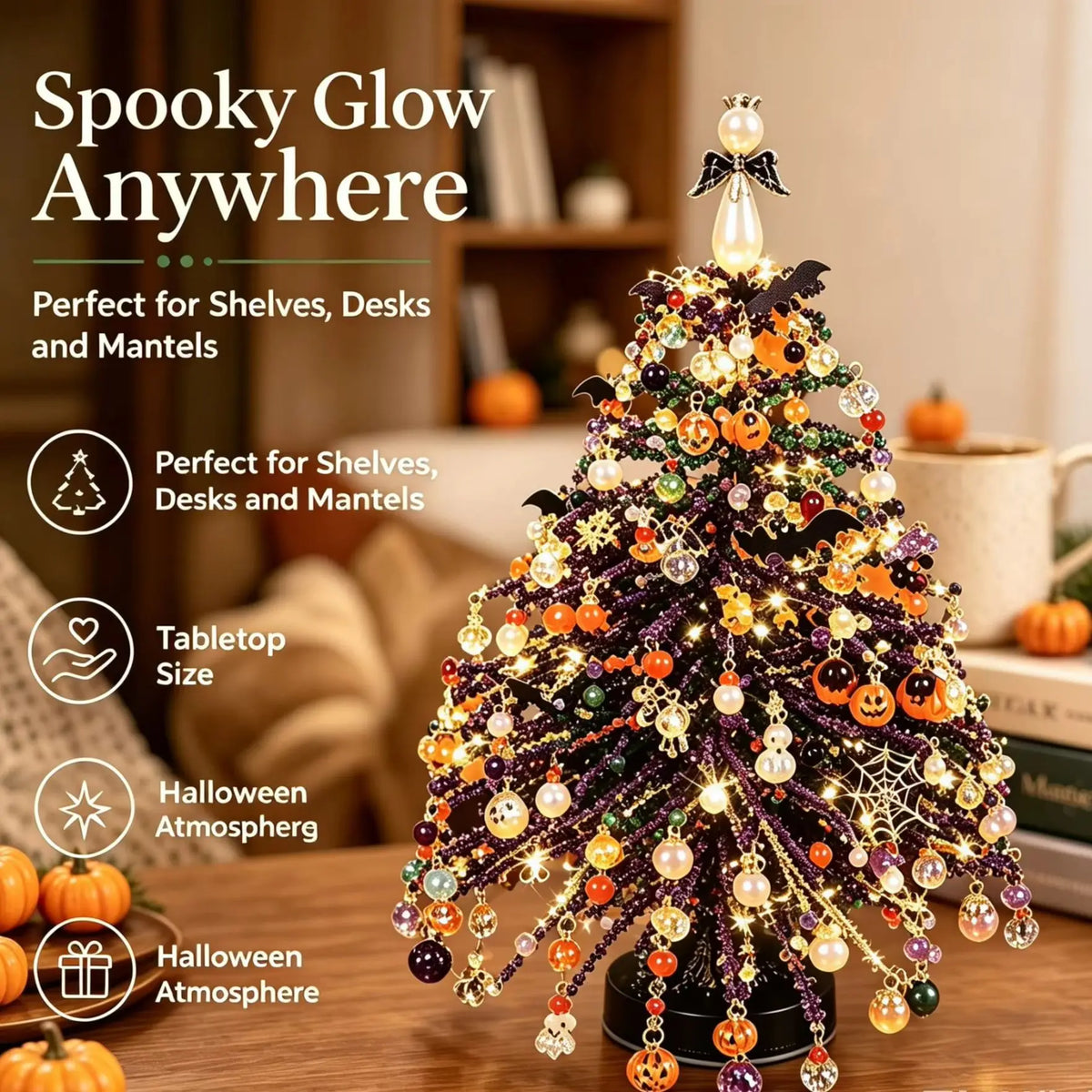Halloween DIY Beaded Tree Kit Mini Desktop Halloween Tree Bead Holiday Craft DIY Set Christmas Halloween Ornaments Xmas Decor