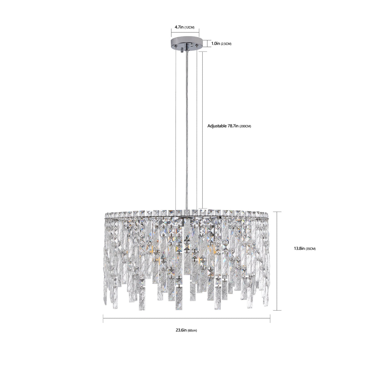 24" Luxurious Round Silver Crystal Chandelier, Contemporary Rectangular Pendant Light for Dining Room, Living Room,Grand Foyers