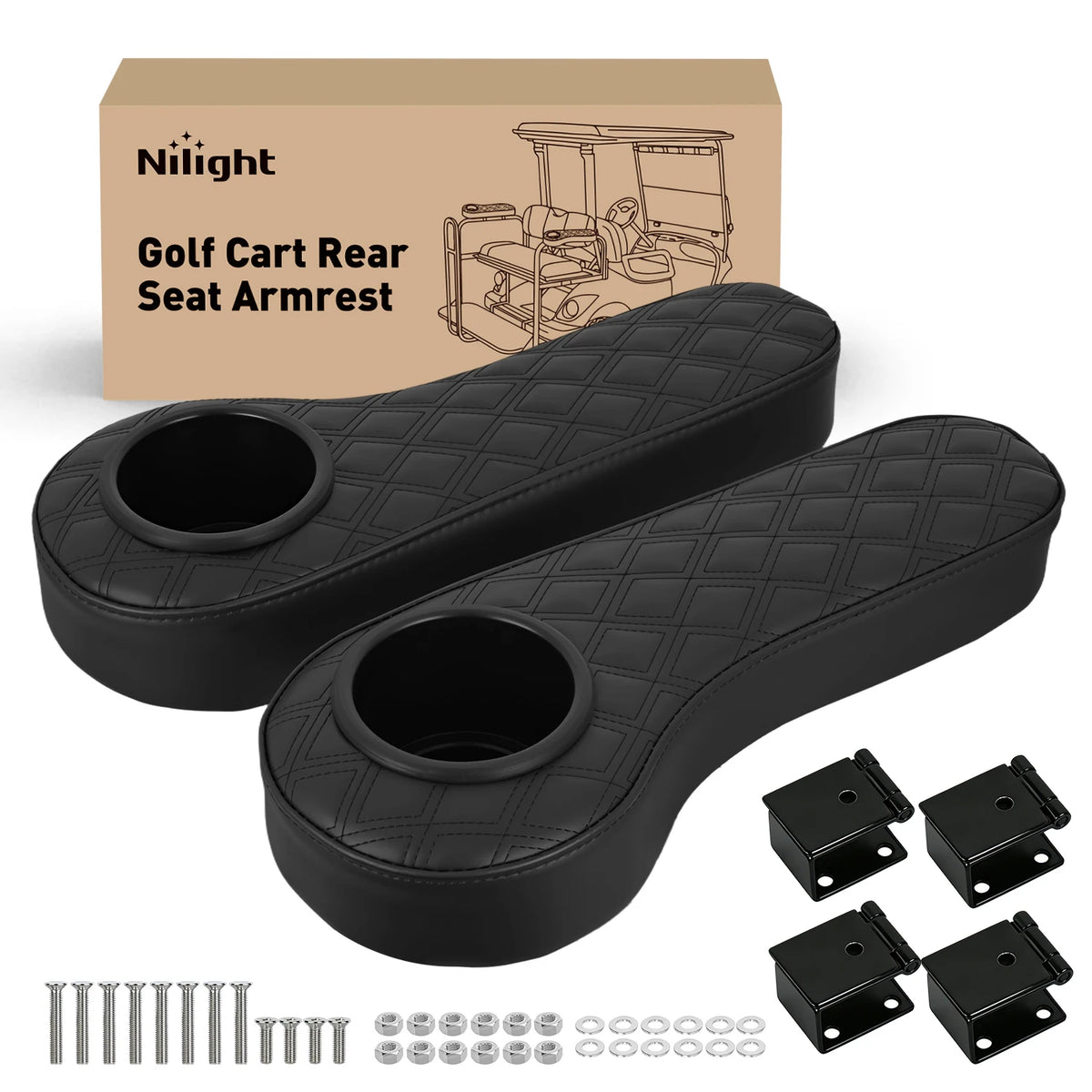 Nilight Golf Cart Armrest Black 2PCS Flip Stand Fits 1 inch Square No Drilling with Detachable Cup Holder Iron Bracket PU Leather Wooden Baseboard for EZGO Club Car Yamaha Rear Seat