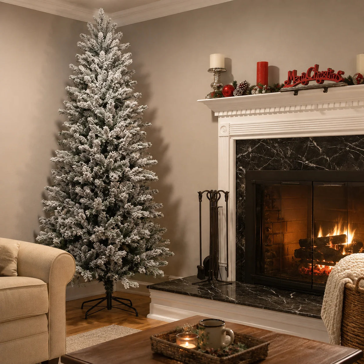 Snow Flocked Artificial Christmas Tree Slim PVC Xmas Tree 4-8FT Tree Only or USB LED String Lights with Remote Holiday Decor