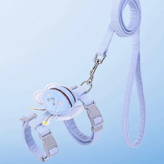 Cartoon Bee Double‑Layer Pet Harness Collar Leash Set Adjustable For Cat Small Medium Dog Outdoor Walking Supply