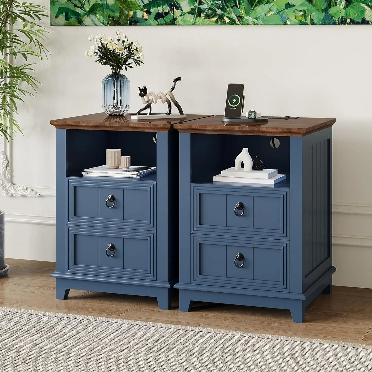 18 Inch Wood Nightstand with USB Charging Station Modern Fluted Bedside Table 2 Drawer End Table with Storage Shelf for Bedroom Living Room Home Office Apartment Dorm Blue