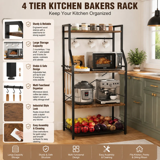 4 Tier Kitchen Bakers Rack with Microwave Stand Coffee Bar Station Freestanding Storage Shelf with Wire Basket 8 Hooks Industrial Style Organizer for Kitchen Pantry Dining Room