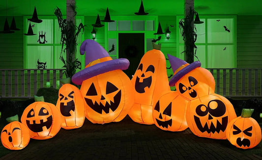 12.5 FT Halloween Inflatable Pumpkin Outdoor Decorations Blow Up Yard Decorations with Witch Hat 9 Pcs Blow Up Pumpkin Inflatable with Built-in LEDs for Halloween Decor