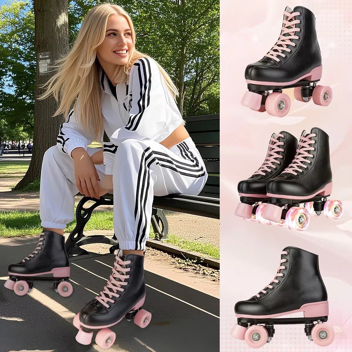 Adult Double-Row Roller Skates For Women Men Flashing 4 Wheels Skate Shoes Beginner Boys Girls Outdoor Skating Quad Sneakers Gifts Size 35 36 37 38 39 40