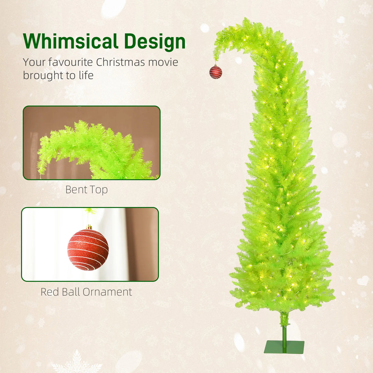 7FT Bright Green Whimsical Curved Artificial Christmas Tree Pre-lit with LED Lights, Bendable Xmas Tree for Indoor Holiday Home Party Decor