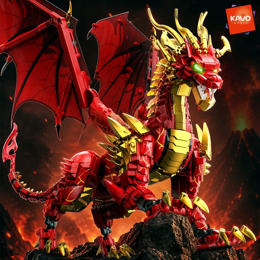 KAVOWORLD 1919PCS MOC Dragon Building Blocks Set Giant Lava Red Dragon DIY Assembly Bricks Model Toy Kit for Adults Fans 60CM Wingspan Articulated Poseable Beast Action Figure with LED Eyes Golden Armor Scales Foldable Wings