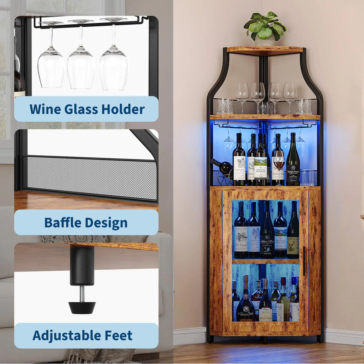 Corner Bar Wine Cabinet With LED Lights, 5-Tier Liquor Storage Cabinet With Glass Holder, Mesh Door & Adjustable Shelf For Home