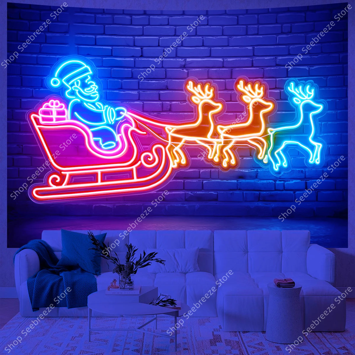Neon Santa Claus Sleigh Ride UV Tapestry Glowing Reindeer Wall Hanging for Christmas Holiday Bedroom Living Room Office Decor
