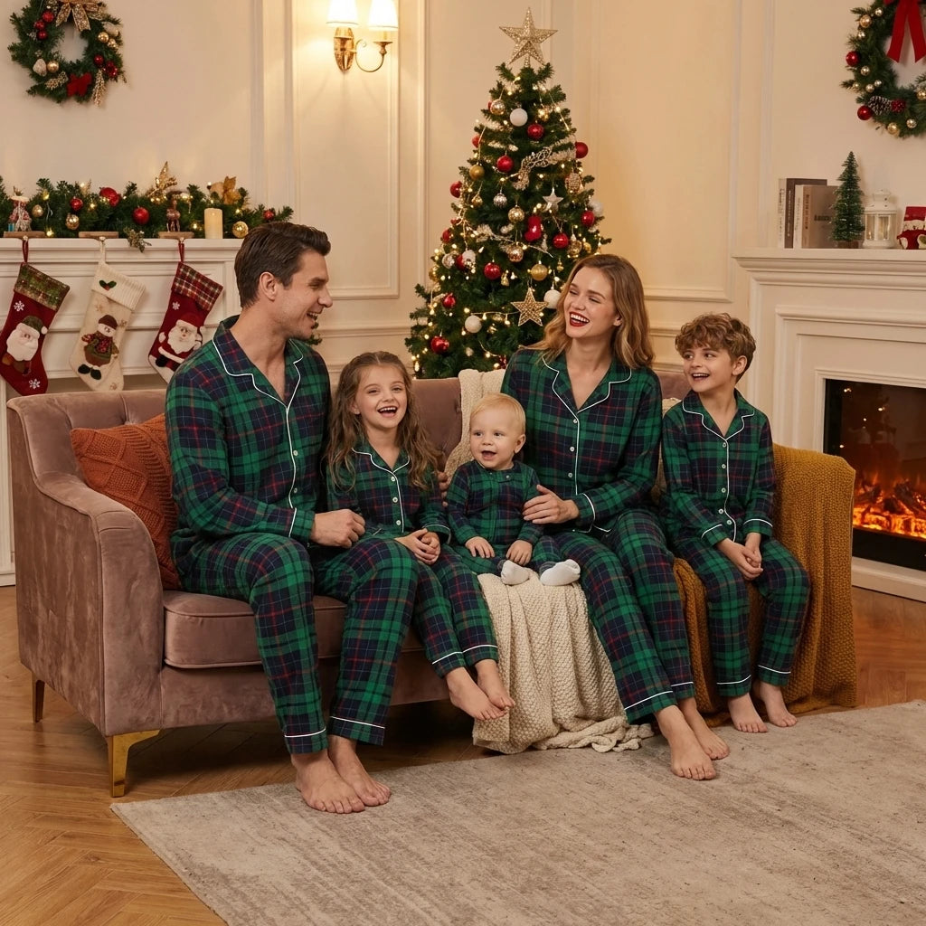 Merry Xmas Family Matching Pajamas Set Plaid Print Adults Kids Christmas Pyjamas Button Shirt+Trousers 2 Pieces Suit Loungewear